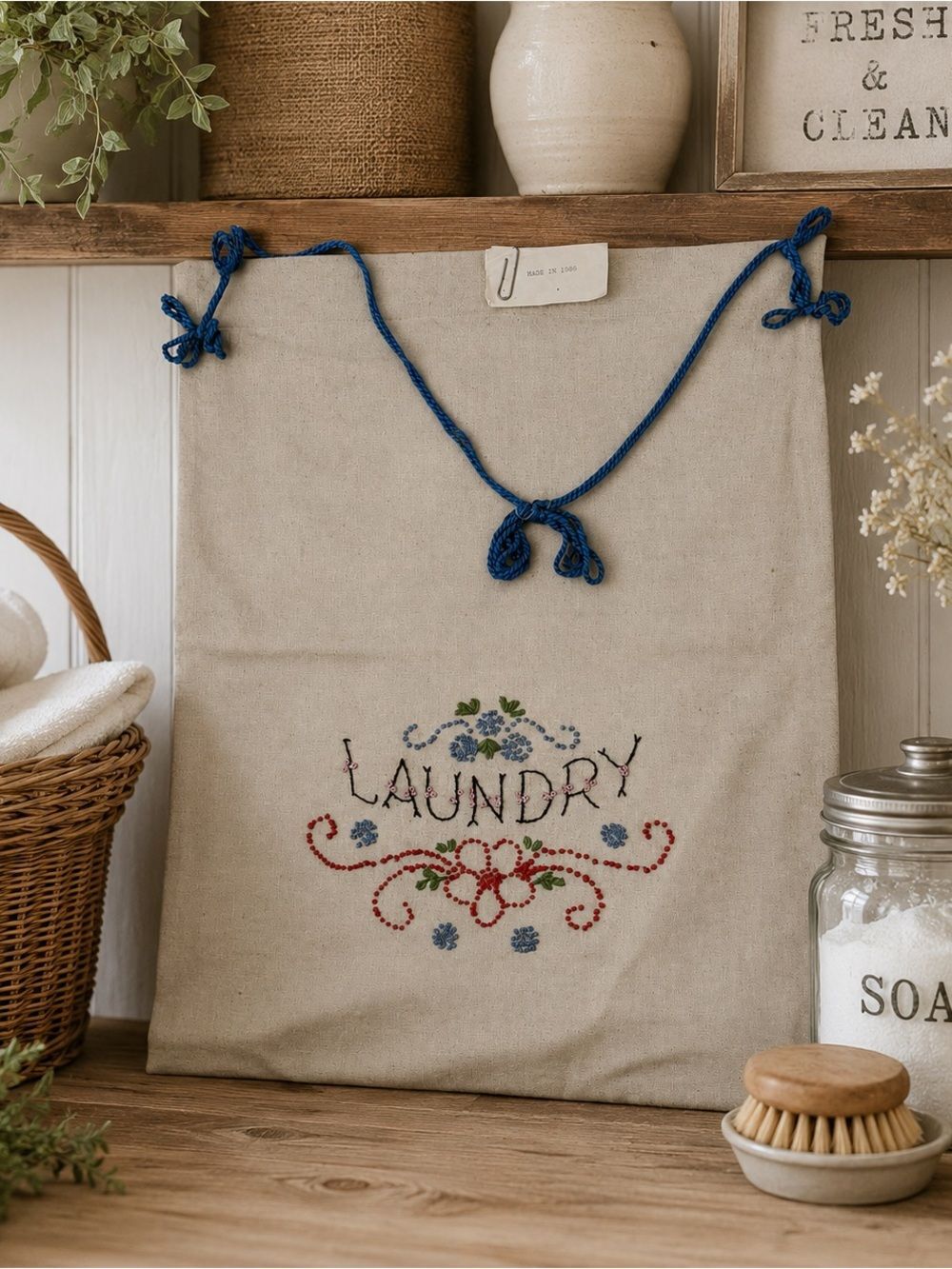 Vintage Handmade Embroidered Laundry Bag Linen Drawstring Hamper Sack Decor 1925